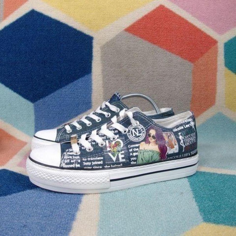 Nicole Lee‎ Women's Blue Denim Sneakers Low Top Lace Up Graphic Shoes Size 9